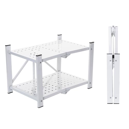 BAOYOUNI 折りたたみラック 卓上ラック 折り畳みラック 2段 スチールラック メタルラック 収納ラック コンパクト 折り畳み棚 オープンラック シェルフ 耐荷重25kg 大容量 組立簡単 キッチンラック (ホワイト)