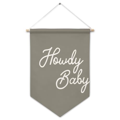 Image of ArtisaEura Western Nursery Wall Canvas Banners, Western Nursery Decor, Grey Howdy Baby Hanging Display Pennant Banner Flags, Baby Girl Boy Wall Decor for Kids Room Bedroom Playroom