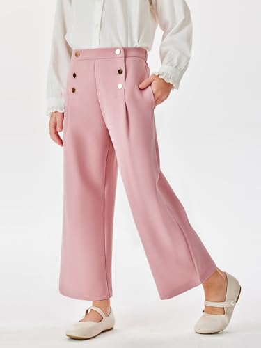 Image of Haloumoning Girls Wide Leg Pants Kids Fashion Elastic Waist Front Button Trousers with Pockets 5-14 Years
