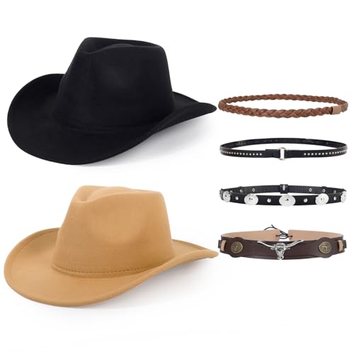 Image of 2 Pack Western Cowboy Hats for Women Men 4 Different hat Bands | Classic Felt Wide Brim Costume Cow Boy Hat Curved Brim Cowgirl Hat