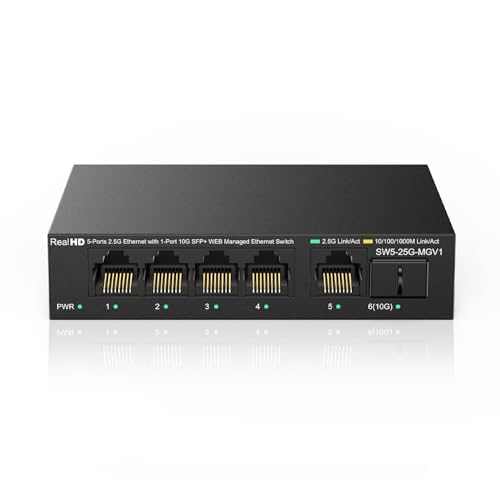 Image of 5 Port 2.5GB Web Managed Ethernet Network Switch | 5 x 2.5 Gigabit | 1 x 10Gb SFP+ | Multigig Switch 10-100-1000Mbps | 45G Bandwidth | Fanless Metal Internet Switch