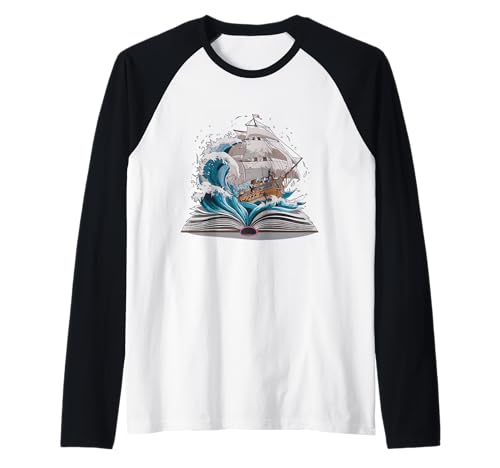 Velero, en, libro, con, olas Camiseta Manga Raglan