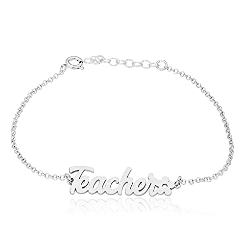 doble aro Pulsera de Plata de Ley 925/1000 para Profesoras con Cadena Rolo de 19cm - Regalo Artesanal de Fin de Curso - Hecho en España para la Profesora - Pulsera Teacher