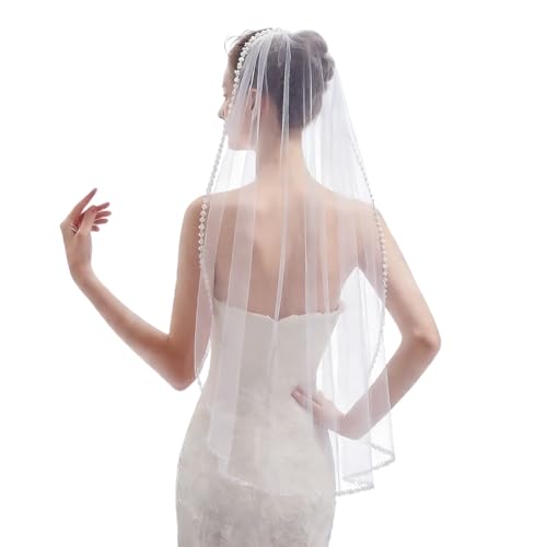 Voile de mariée court 95cm orné de fine dentelle et perles d'imitation