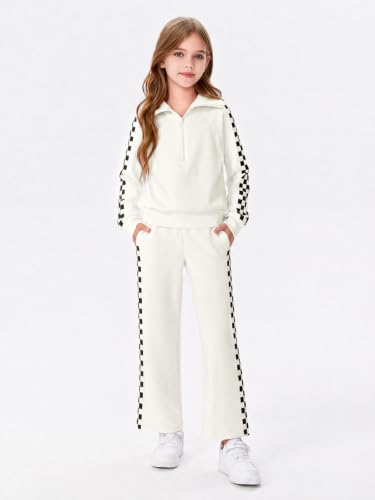 Image of Haloumoning Girls Sweatsuit 2 Piece Zip Long Sleeve Sweat Outfits | Half Zip,Waist drawstring,girls tracksuit