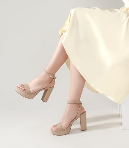 Image of Ankis Platform Heels for Women 4 Inches Chunky Heels Sandals for Women Comfy Open Toe Block Heeled Sandals Nude White Silver Gold Black Ankle Strappy Heels