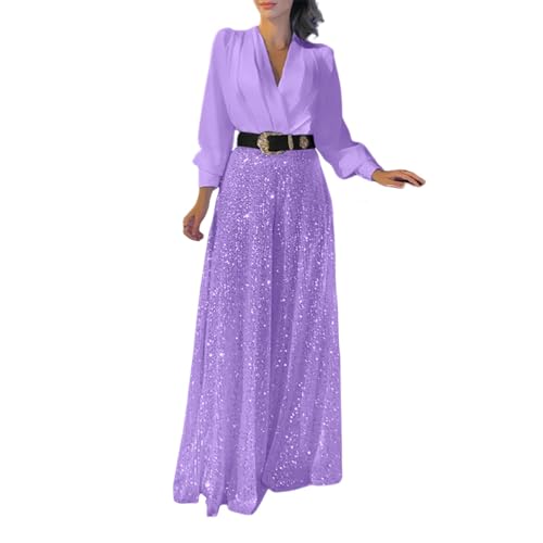Mono Mujer Elegante Para Boda Plisado - Mono con Cinturón Brillo Lentejuelas Onesie Manga Larga Pierna Ancha Traje de Pantalón Cuello en V Mono Negocios Traje Casual Cintura Vestidos de Noche, morado,