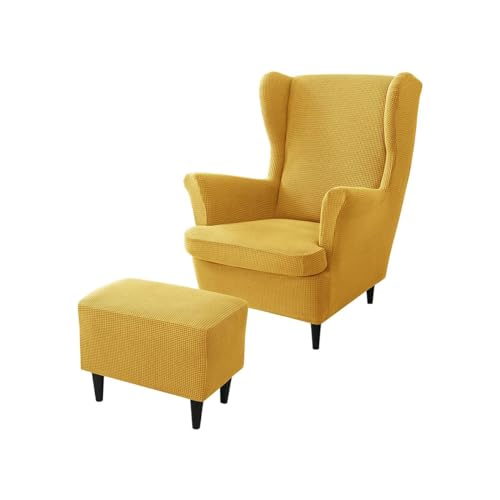 Fundas elásticas para sillón orejero y otomana rectangular en salón
