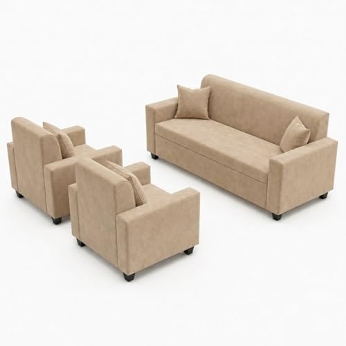 Image of FURNY QualityWood 3 Seater + 1 Seater + 1 Seater Fabric Sofa Set (Beige) with Velvet Finish | Durable Comfort | Ideal for Living Room