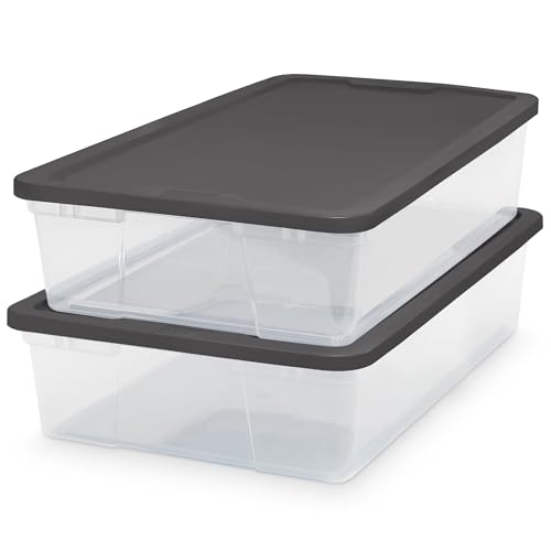 HOMZ Clear Plastic Storage Bins w/Snaplock Lids, 28 Qt, Gray, 2 Pack | Stackable Container Boxes for Bedroom, Bathroom, Garage, and Office Organization