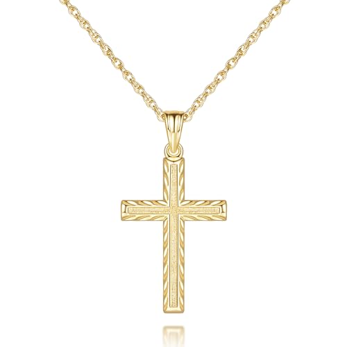 Cross Necklace for Women Gold Cross Necklaces for Women 14K Gold Crosses Pendant Necklaces for Womens with Singapore Chain Engraved with Fine Symmetrical Stripes Womens Crosses Chain Pendant