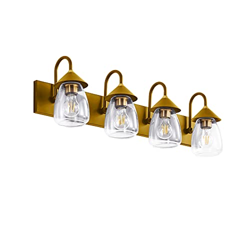 Bathroom Vanity Light Fixture 4-Lights with Clear Glass Shade, Brass and Black Style Vanity Light, Bathroom Lighting Fixtures Over Mirror for Bathroom Dressing Makeup Mirror Cabinets Vanity Table