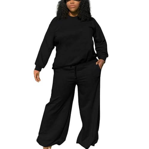 TOPSRANI Womens Plus Size Sweatsuits Tracksuit 2 Piece Outfits Crewneck Lounge Set Long Sleeve Baggy Wide Leg Pant Sets Solid Black 1XL