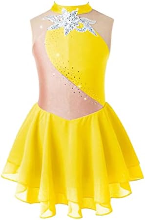 winying Kids Girls Figure Ice Skating Dress Rhinestones Sleeveless Gymnastic Leotard Ballet Tutu Skirts Dancewear Yellow C 6 Years