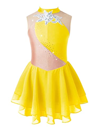 Winying Kids Girls Figure Ice Skating Dress Rhinestones Sleeveless Gymnastic Leotard Ballet Tutu Skirts Dancewear Yellow C 6 Years #TOP23