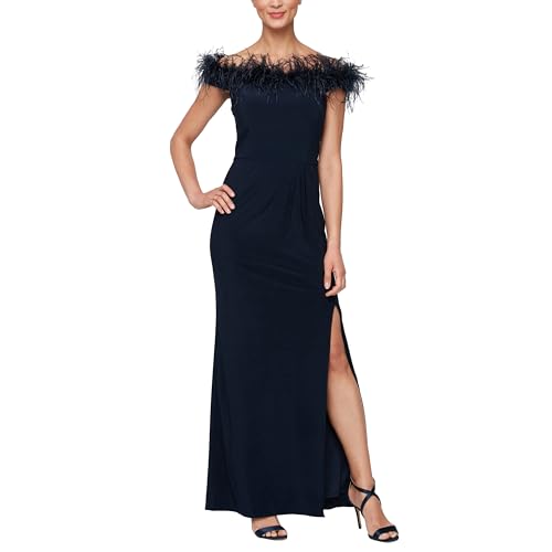 Image of Alex Evenings Women's Long Off The Shoulder Gown with Front Slit and Maribou Detail, Formal Party Dress