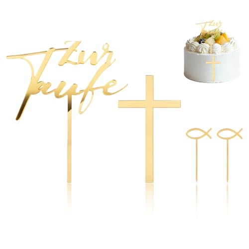 4Stück Tortendeko Taufe,Taufe Gold Acryl Topper Tortendeko zur Tauftorte Tortenstecker Torten Deko,für Junge Mädchen Boy Girl Jungen Kommunion Cake Kreuz Kuchen Torte Caketopper Toppers Personalisiert