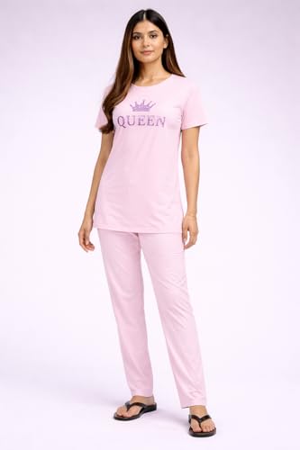 Image of KIAWAH Women's Cotton Night Suit, Long Top and Pajama Set, Round Neck, Short Sleeve,