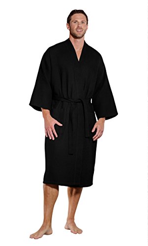 Turquaz Linen Lightweight Long Waffle Kimono Spa Robe for Men (One Size, Black)