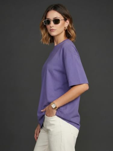 Image of JUNEBERRY Pure Cotton Oversized Baggy Fit Half Sleeve Drop Shoulder Plain Solid Round Neck T-Shirt for Women (Available in Black, White, Lilac, Cork, Maroon, Royal Blue, Swan White, Soap Nut Colors)