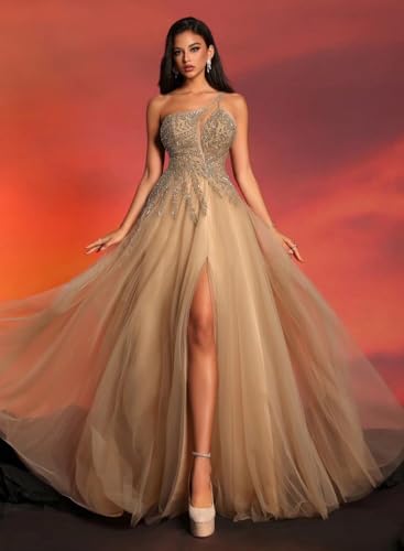 Beading Tulle Prom Dresses 2025 with Pockets Spaghetti Strap Formal Evening Dresses with Slit2