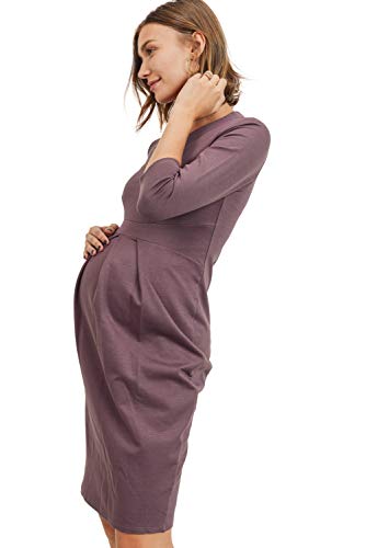 Laclef Women's Knee Length Midi Maternity Dress With Front Pleat - Long Sleeve, ¾ Sl Dark Rose, S #TOP3