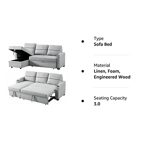 Ucloveria Reversible Sectional Sofa Couch, 82" Sleeper Sofa Bed With Storage Chaise Pull Out Couch Bed For Living Room L-Shape Lounge 2 In 1 Sectional Couch With Cup Holder, Grey #TOP7