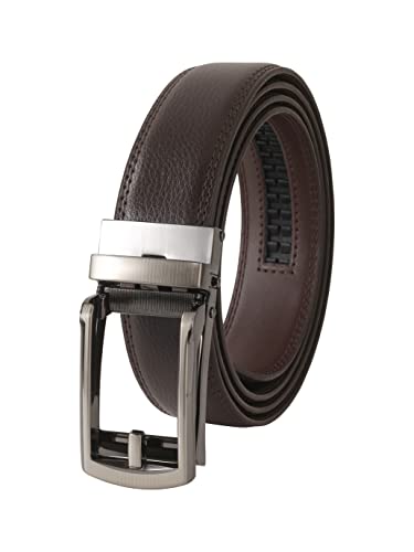 Little Island Men's Business Belt, Easy Ratcheting Type, Auto Lock, Genuine Leather, No Holes, Braun, 136cm