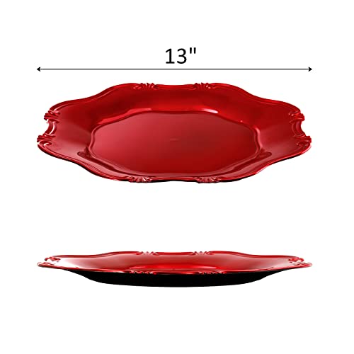 Zoofox Set Of 12 Red Plastic Charger Plates, 13" Metallic Scalloped Charger For Dinner Plate, Decorative Service Plates For Tabletop Holiday Wedding Catering Event Decoration #TOP1