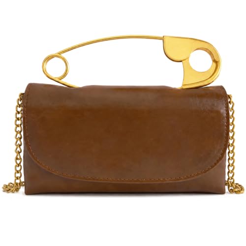 Image of Women's Small Soft Pin Shaped Vegan Leather Crossbody Purse Bag with Gold Metallic Handles & Chain