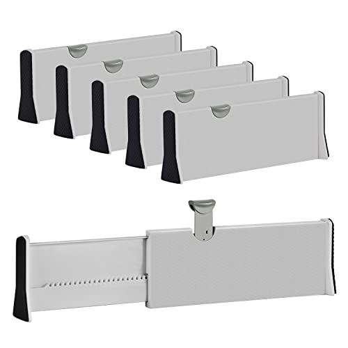 Image of Drawer Dividers Organizer 5 Pack, Adjustable Separators 4" High Expandable from 11-17" for Bedroom, Bathroom, Closet,Clothing, Office, Kitchen Storage, Strong Secure Hold, Foam Ends, Locks in Place