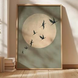 Toile abstraite vert sauge ZHUOYA estampe Japandi soleil oiseaux 30x45