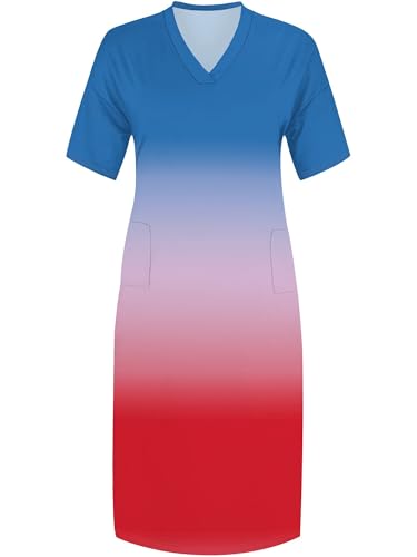Image of SUZONANA Plus Size Maxi Dresses for Women T Shirts Dress Long Summer Outfits Casual Short Sleeve Oversized with Pockets Ombre Gradient Print Blue Red XL