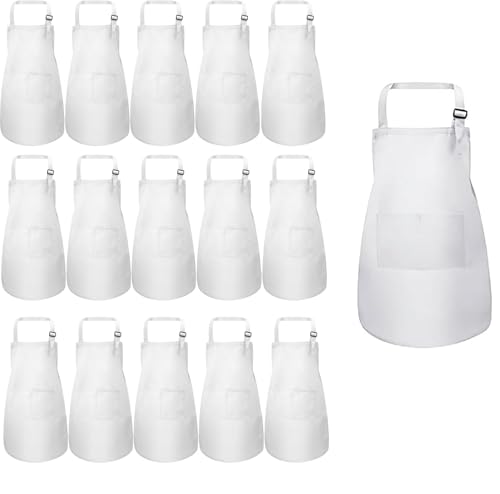 ASMIZ Lot de 16 Tablier Enfant Blanc avec Poche, Tablier Cuisine et Peinture Réglable pour Fille et Garçon, 61x43cm, Pour Dessin, Bricolage, Pâtisserie,...