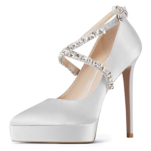 FSJ Women Closed Pointed Toe Stiletto High Heel Platform Pumps Cross Rhinestone Ankle Strap Wedding Evening Party Dress Shoes Size 4-15 US