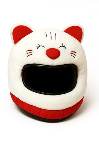 Image of Cute Cat Helmet Cover - Lucky Cat Plush Helmet Decoration | Ultra-Soft Furry White & Red Kitty Design for Motorcycle & Scooter Riders | Funny Cartoon Style Universal Fit Biker Gift