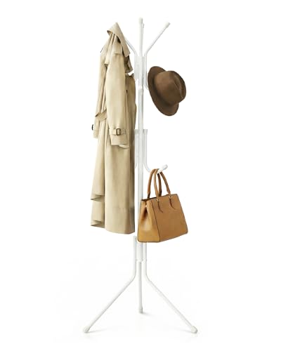 LARDECOR - Perchero de Pie Metálico con 12 Ganchos | 42x172 cm | Organizador de Entrada, Pasillo, Dormitorio, Recibidor/Colgador de Abrigos, Bolsos y Gorras (Blanco)