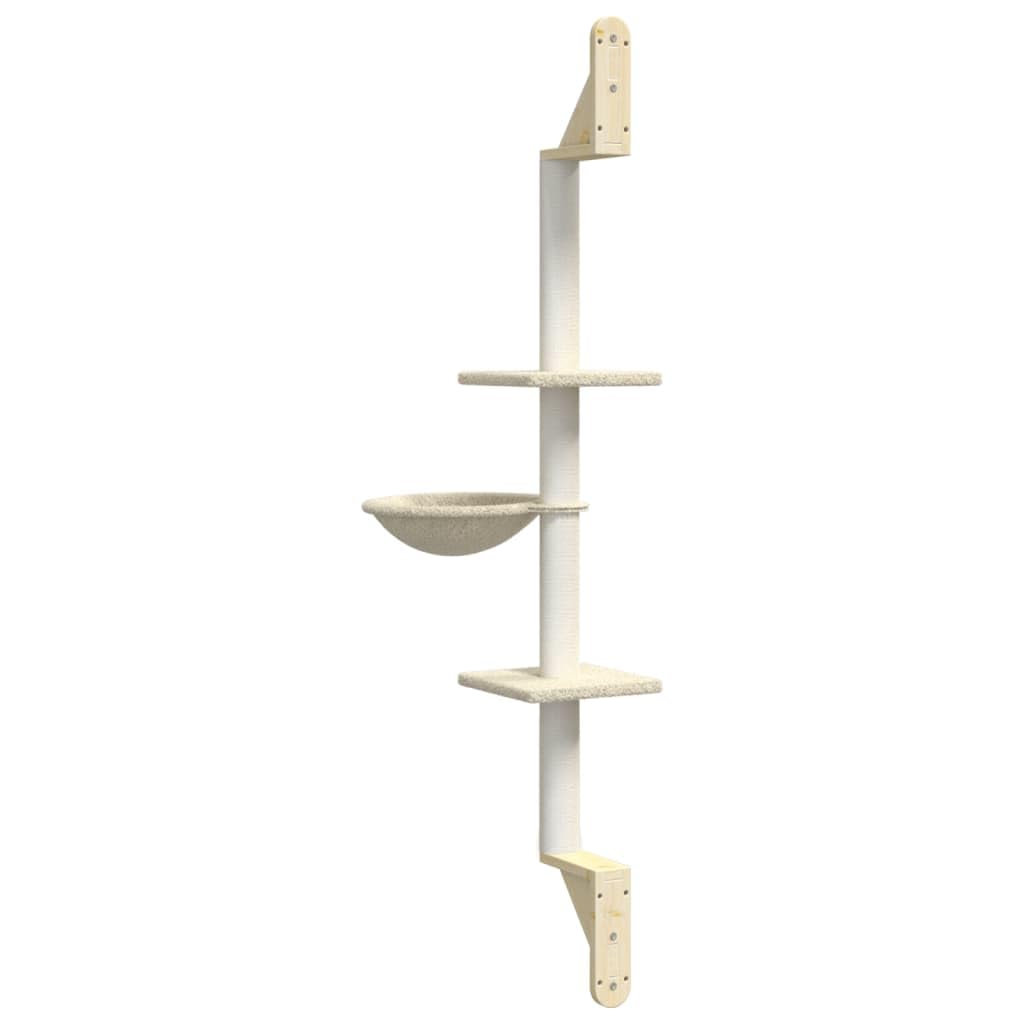 Arbre à chat mural Crème 142,5 cm Arbre à grimper avec colonne griffoir en sisal et maison pour chat en peluche pour jouer, dormir, entretenir les griffes et cacher dans un lieu de repos