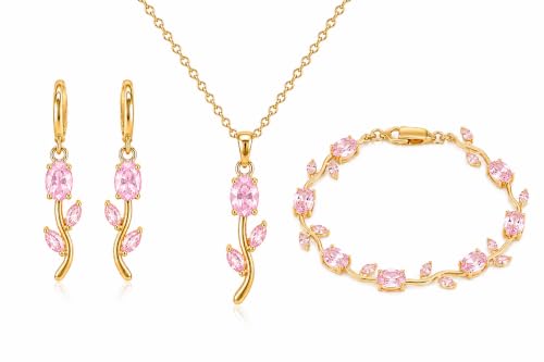 Image of H&K Jewels Elegant Pink Tulip Jewelry Set | 18k Gold Plated Necklace, Dangle Earrings & Bracelet | Gift for Wife, Girlfriend & Women|Anniversary, Party & Bridal Gift|Jewelry for Weddings & Special Occasions