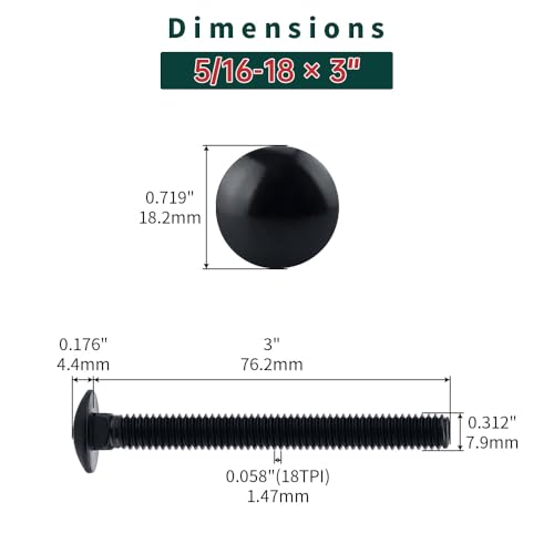 Image of 5 /16-18 x 3 inch Black Carriage Bolts with Nuts and Washers Kits (10 Sets), 304 Stainless Steel 18 /8, Black Finish, Round Head, Square Neck, Heavy Duty Bolts, Indoor Outdoor Fastening Bolts, Fayeploo