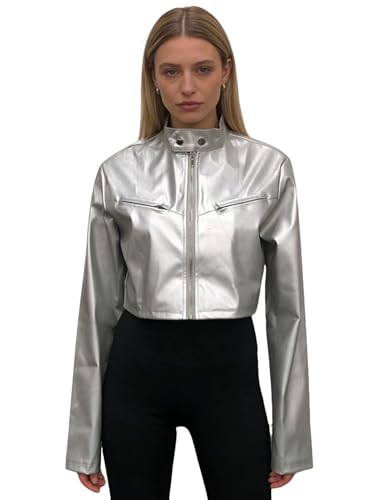 Veste moto croisée en PU métallisé inhzoy style disco hip hop pour femme