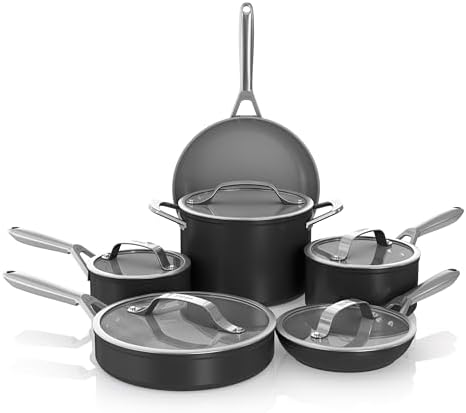 Ninja Ceramic Pro 11-Piece Cookware Set, Non-Stick Pots & Pans Set with Glass Lids, Nontoxic, PTFE Free, Ceramic Coated, Oven Safe, All Stovetops & Induction Compatible, Black, CW39011BK