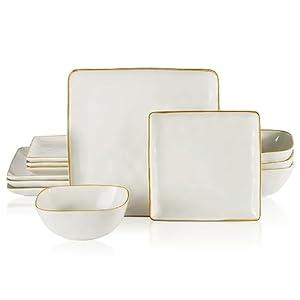 Famiware Dinnerware Sets for 4, Ocean Square 12-Piece Kitchen Plates and Bowls Sets, Microwave and Dishwasher Safe, Scratch Resistant, Vanilla White