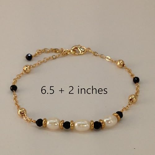 Gold Chain Pearl Bracelet For Women Dainty White Pearl & Black Spinel Beads Stackable Adjustable Length 6.5-8.5 inches Non Tarnish Jewelry Gifts for Women2