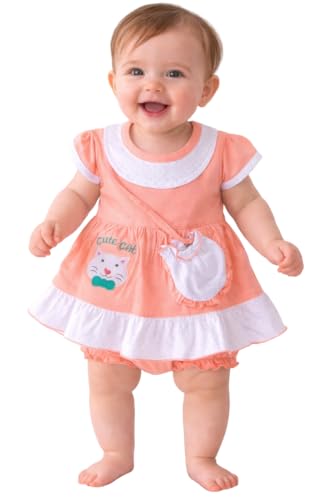 Image of Baby Girls Frock Dress with Bloomer Set | Short Sleeve Polka Dot Inner Layer & Bow Detail Special for 0-6 Months