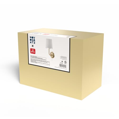 Image of Novogratz x Globe 1-Light Hardwire or Plug-in Wall Sconce, Matte Brass, White Fabric Shade, in-Line Rocker Switch, 6 Ft Fabric Cord Included