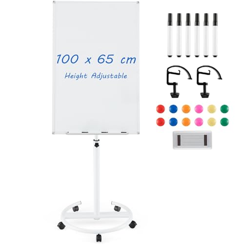 GIANTEX Pizarra Blanca Móvil 100 x 65 cm, Altura y Ángulo Ajustable, Pizarra Magnética con Ruedas Bloqueables, con Bandeja, Rotuladores, Borrador en Seco, Imanes y Clips (Blanco)