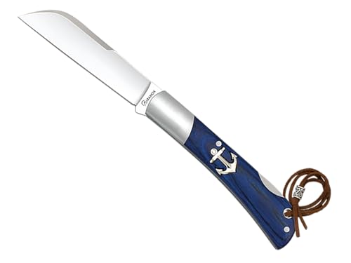 Tiendas LGP- Albainox - Navaja Marinera, Pico Loro, Plegable, Acero INOX. Hoja de 8 cm. Plegable Mango de Madera de Stamina Azul, Sistema de bloqueo Back Lock, Hueco con cordón fiador incluido, 18985