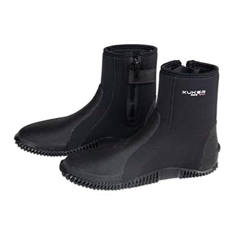 XUKER Premium Neoprene Diving Boots, 3mm Water Shoes Glued Blind Stitched Wetsuit Booties Adult Men Women with Anti-Slip Rubber Sole Side Zipper for Water Sports Snorkeling Surfing Swimming Canoeing Cover