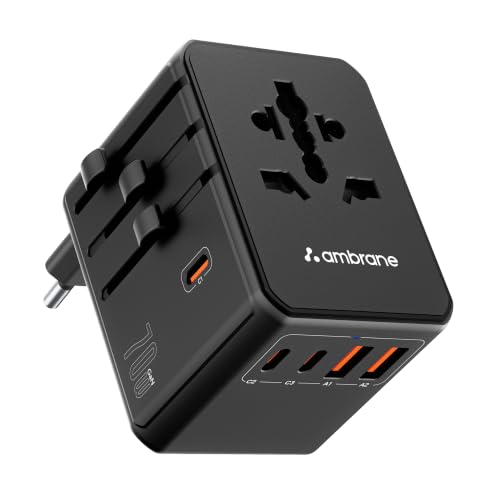 Image of Ambrane 70W Universal Charger Adapter, 3 Type C, 2 USB Ports, Macbooks & Other Type C Laptop Charging, Fast Charging iPhone & All Mobiles, International Worldwide Travel Adapter (ATA-05,Black)
